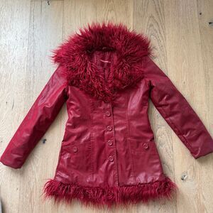 Vintage Red Fur Trim Pennylane Faux Mobster y2k 2000’s size medium Boho Glam